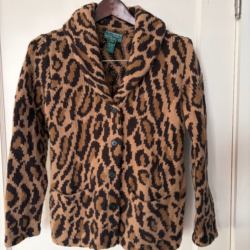 Lauren Ralph Lauren Leopard Print Lambswool Cardigan Sweater Size XS